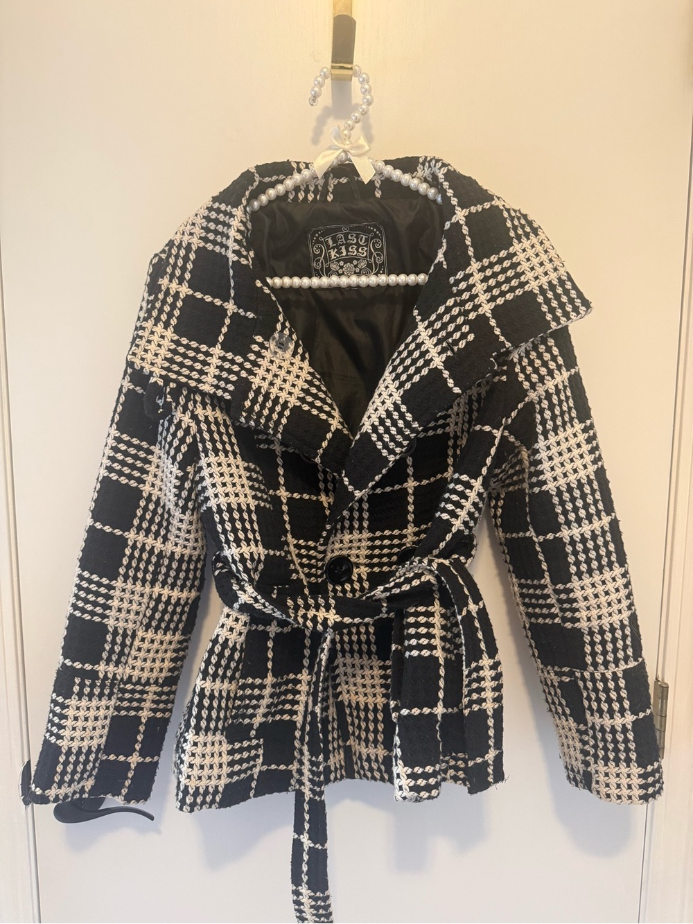 Last Kiss Black & White Plaid Belted Peacoat